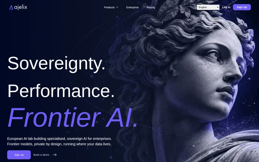 Ajelix homepage with the Sovereignty, Performance, Frontier AI headline and Sign up and Book a demo buttons