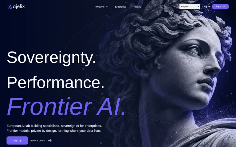 Ajelix homepage with the Sovereignty, Performance, Frontier AI headline and Sign up and Book a demo buttons