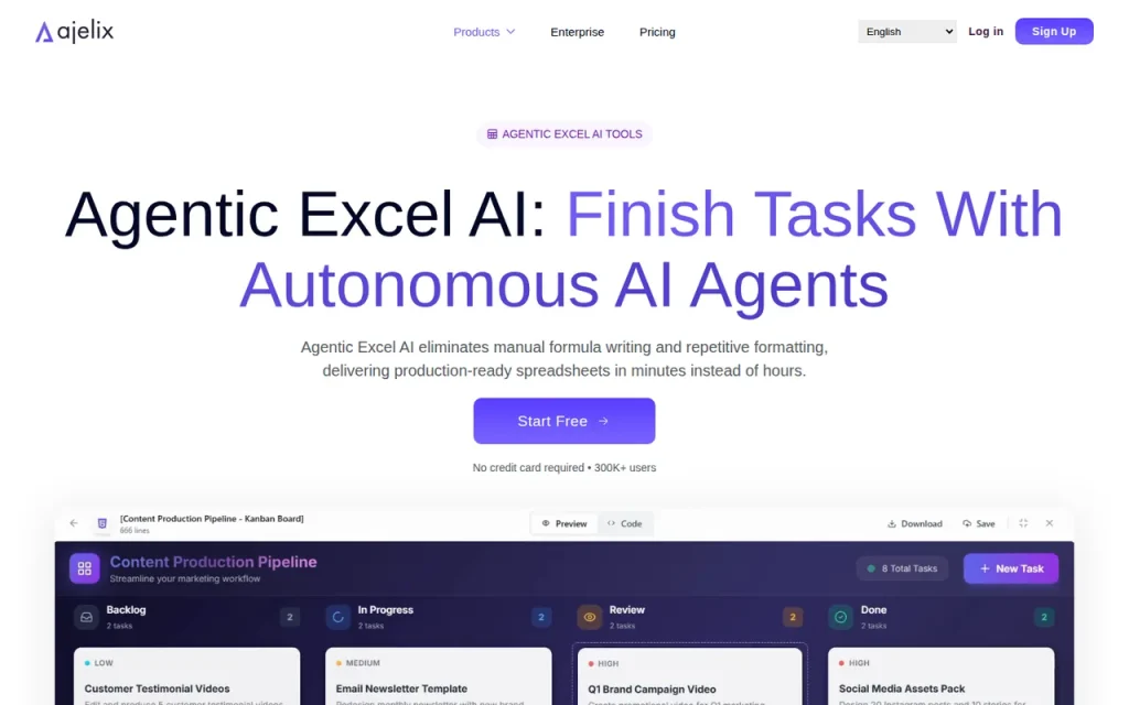 Ajelix Agentic Excel AI page with the Finish Tasks With Autonomous AI Agents headline and an agent workspace preview