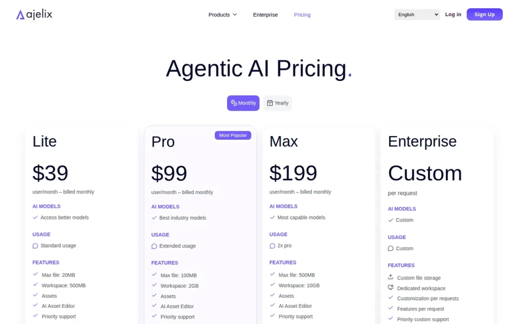 Ajelix pricing page with Lite, Pro, Max and Enterprise plan cards showing per-user prices, usage tiers and file limits