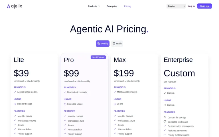 Ajelix pricing page with Lite, Pro, Max and Enterprise plan cards showing per-user prices, usage tiers and file limits