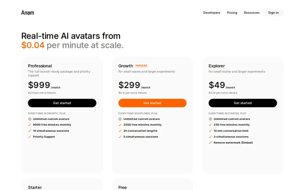 Anam official pricing page screenshot with plan names