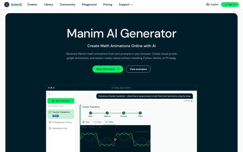 AnimG homepage screenshot showing the official landing page