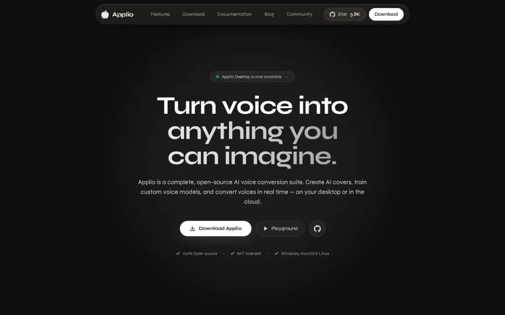 Applio homepage screenshot showing the official landing page