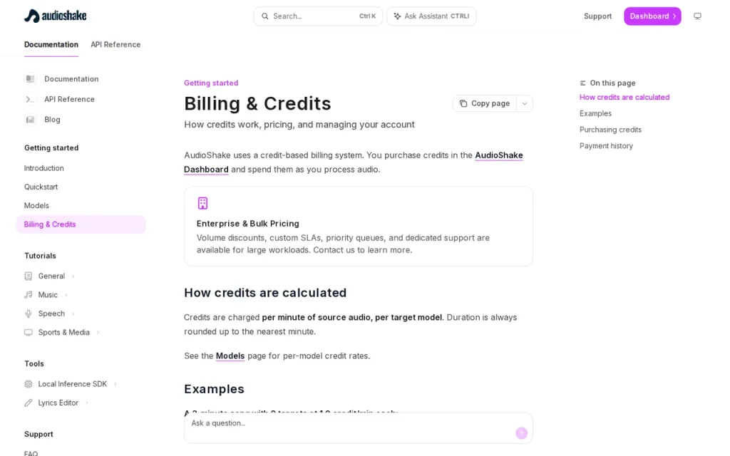 AudioShake official pricing page screenshot with plan names