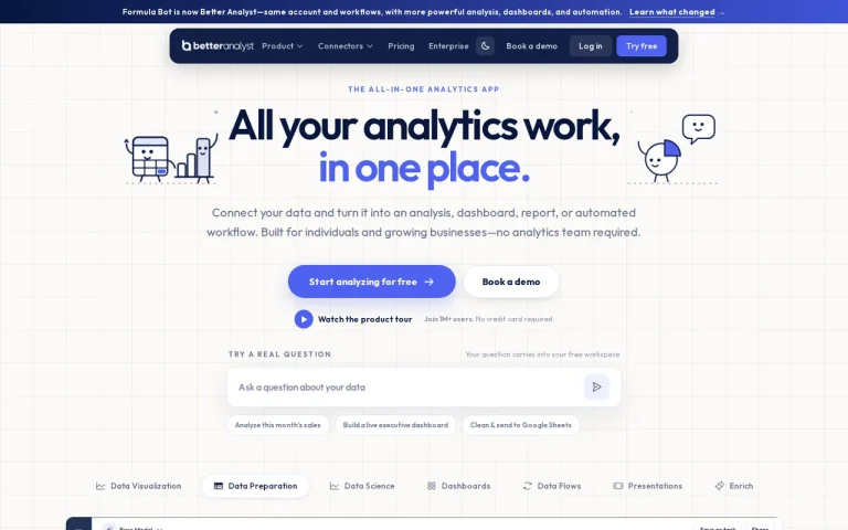 Better Analyst homepage with the Formula Bot rename banner and a sample question box
