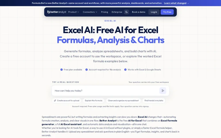 Better Analyst Excel AI page with formula, analysis and chart prompts