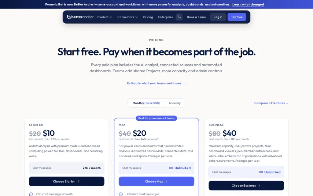 Better Analyst pricing page, monthly view with first-month prices of $10, $20 and $40