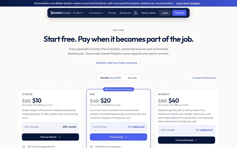 Better Analyst pricing page, monthly view with first-month prices of $10, $20 and $40