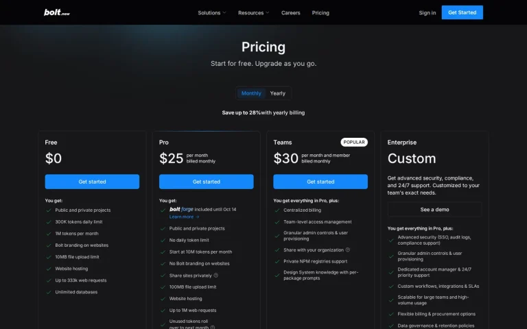 Bolt official pricing page screenshot with plan names