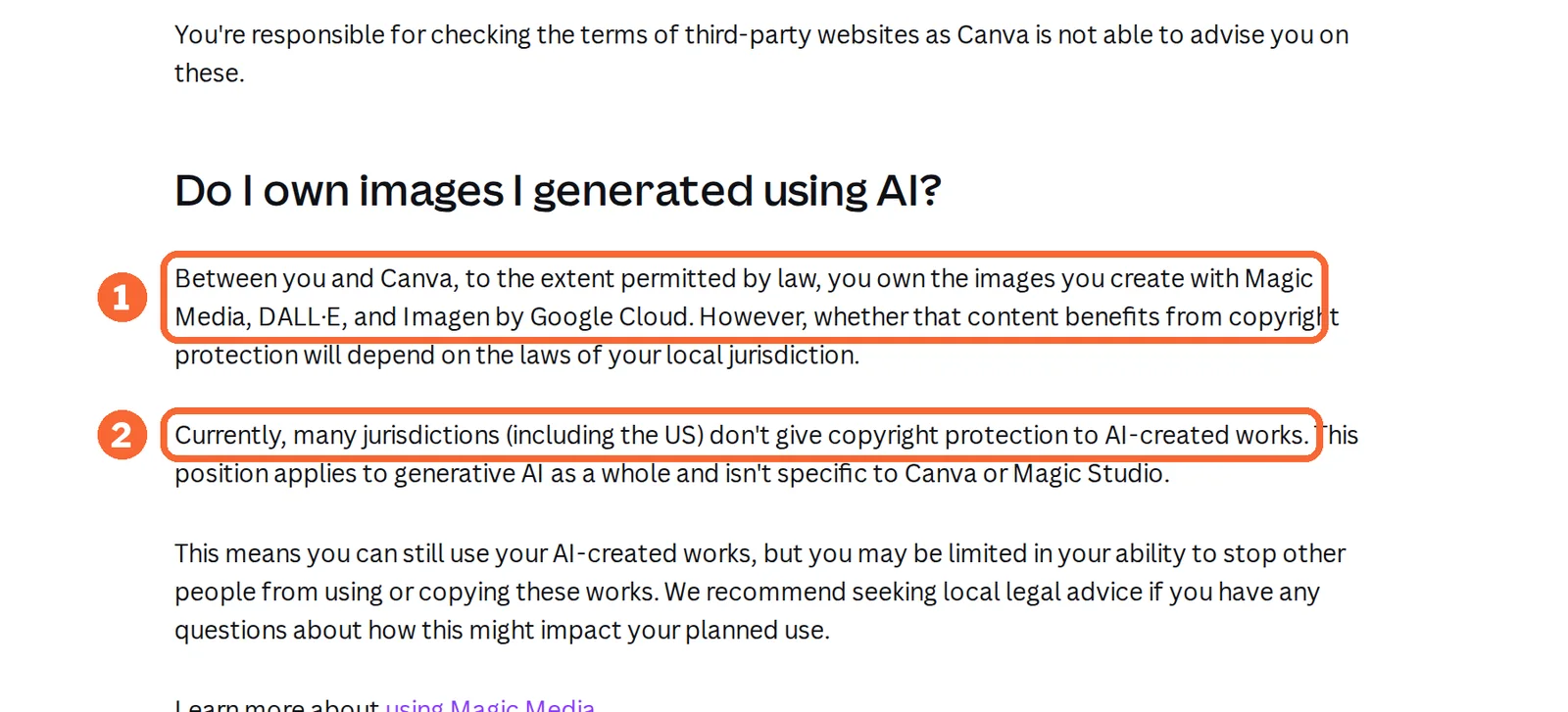 Canva copyright help article with the AI image ownership sentence and the note that many jurisdictions give AI works no copyright marked