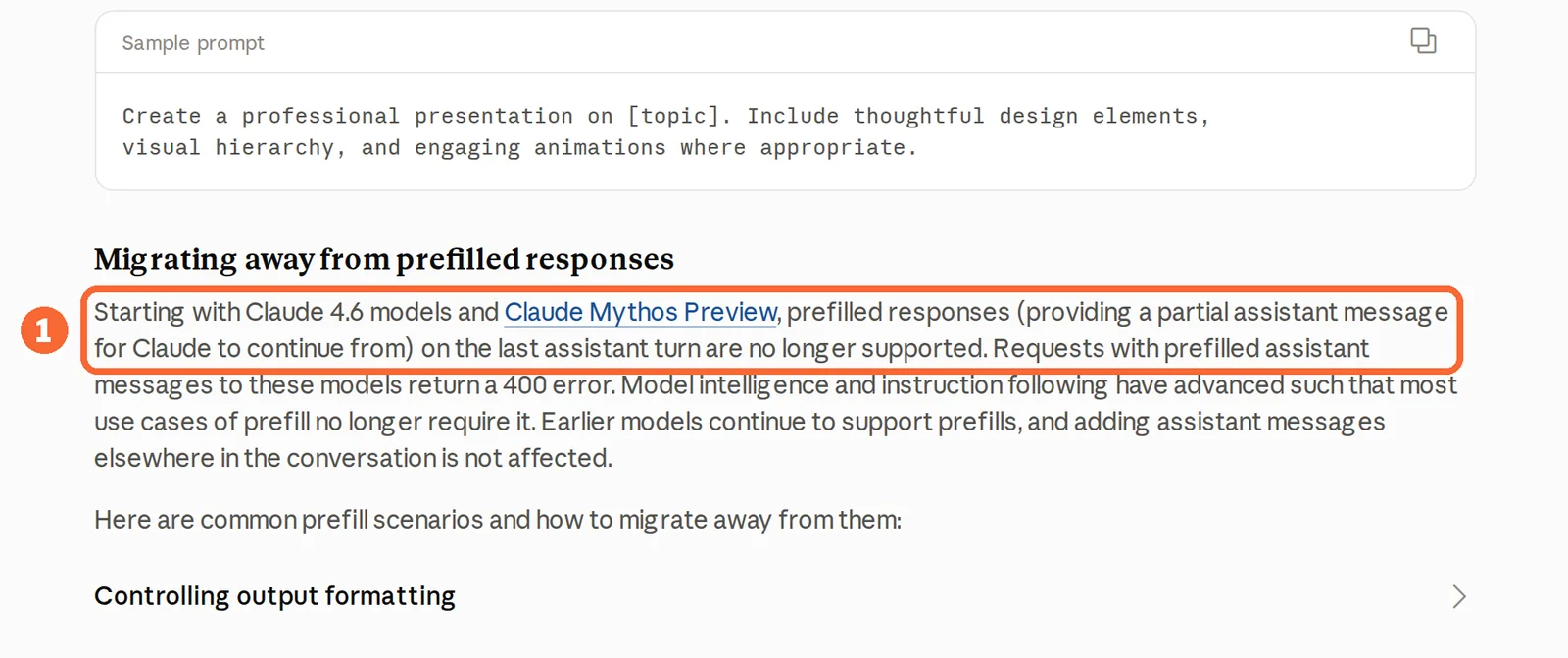 Claude prompting best practices page with the sentence that prefilled responses are no longer supported marked