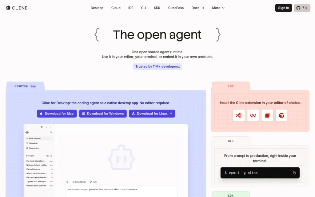 Cline homepage with the headline The open agent and download cards for Cline Desktop, the IDE extension and the CLI