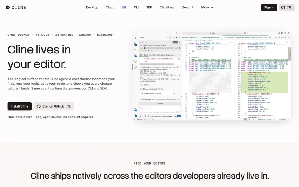 Cline IDE extension page with an editor screenshot showing the Cline sidebar beside a code diff
