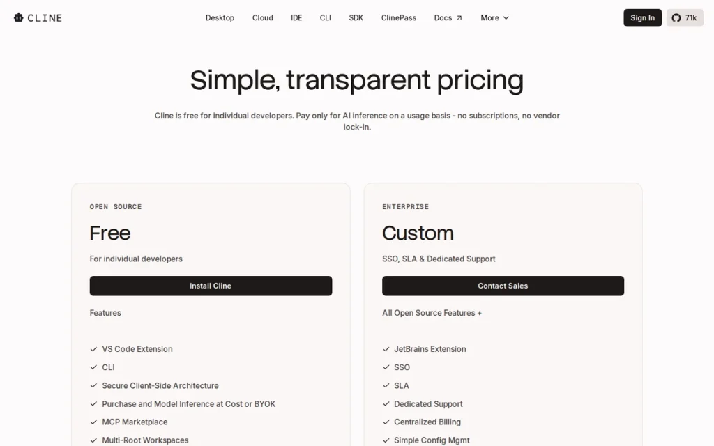 Cline pricing page showing the Free open source plan with its feature list next to the custom Enterprise plan