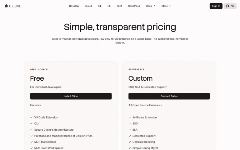 Cline pricing page showing the Free open source plan with its feature list next to the custom Enterprise plan