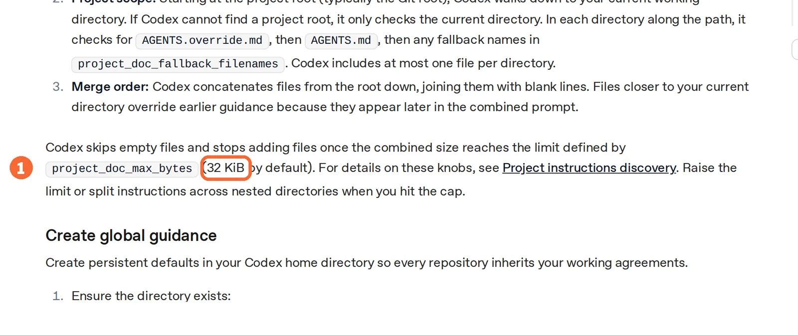 Codex AGENTS.md documentation with the 32 KiB default limit for combined instruction files marked