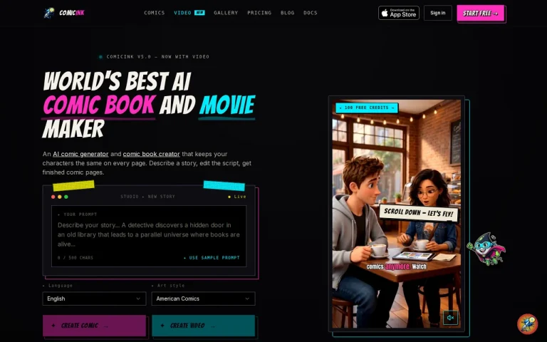 ComicInk homepage screenshot showing the official landing page