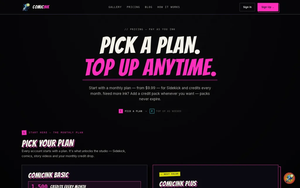 ComicInk official pricing page screenshot with plan names