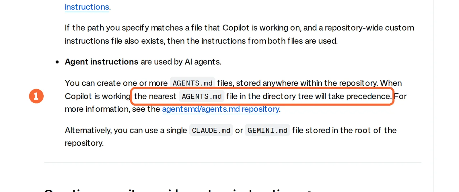 GitHub Docs page on repository instructions with the sentence that the nearest AGENTS.md takes precedence marked