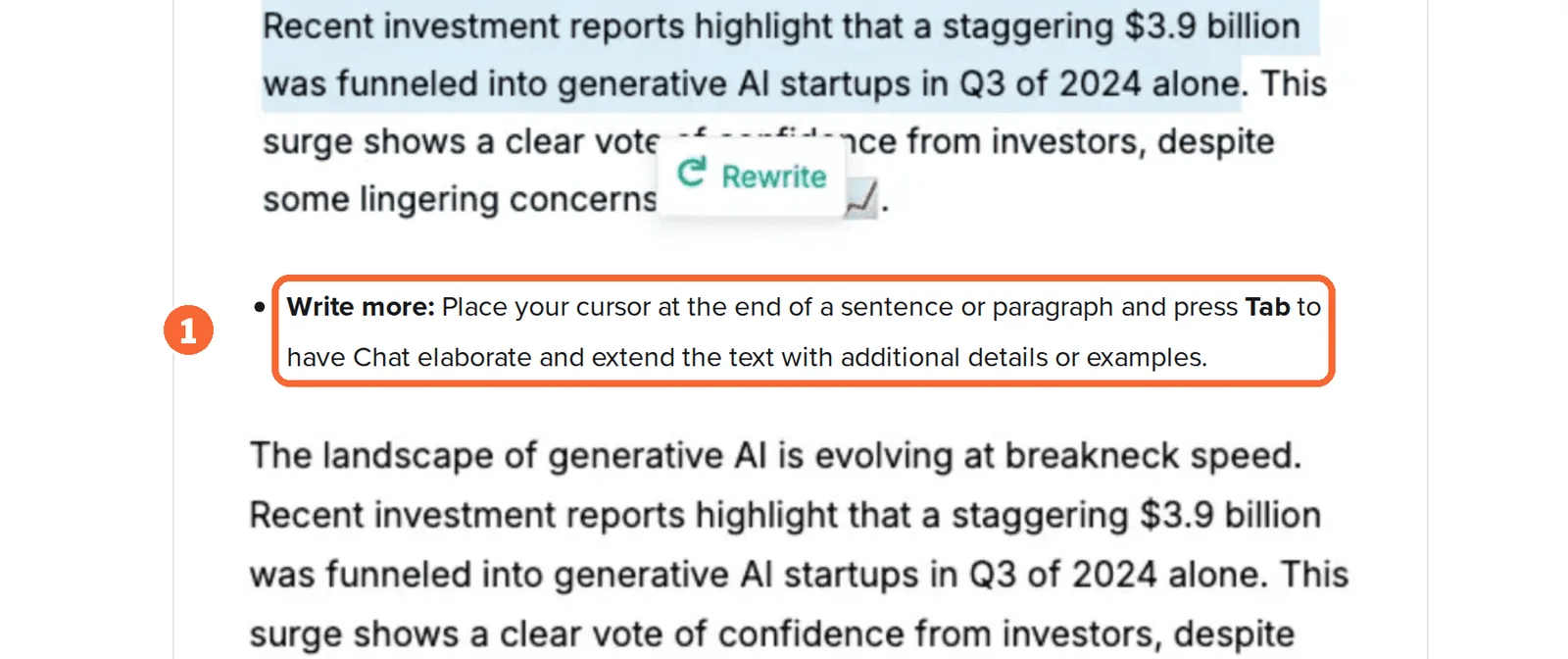 Copy.ai Chat help article with the Write more instruction to press Tab at the end of a sentence marked