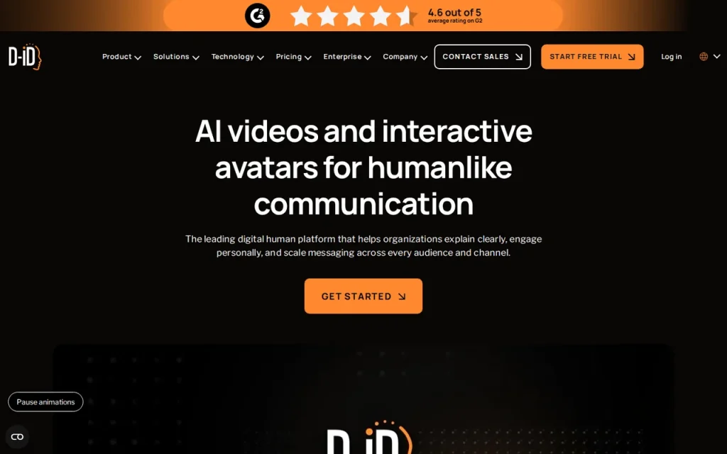 D-ID homepage screenshot showing the official landing page