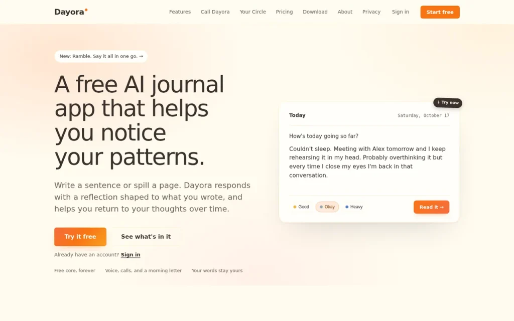 Dayora homepage screenshot showing the official landing page