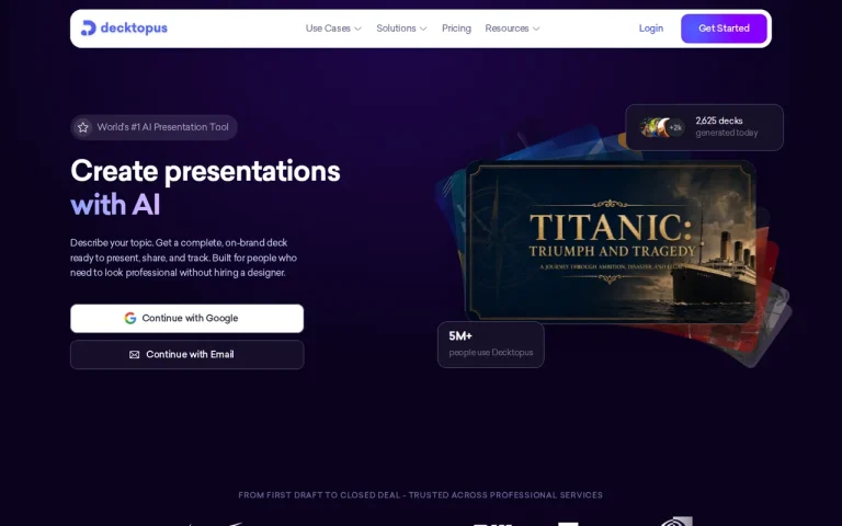 Decktopus homepage with the Create presentations with AI headline and sign-up buttons