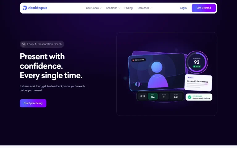 Decktopus Loop page with a rehearsal illustration showing a readiness score and delivery metrics