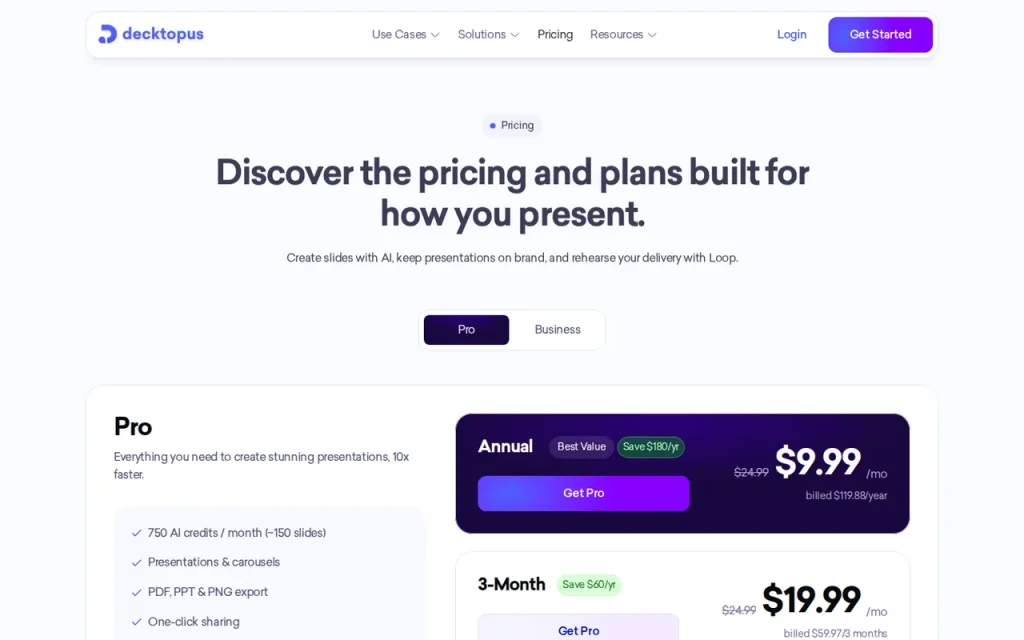 Decktopus pricing page Pro tab with annual, 3-month and monthly billing options and the Pro feature list