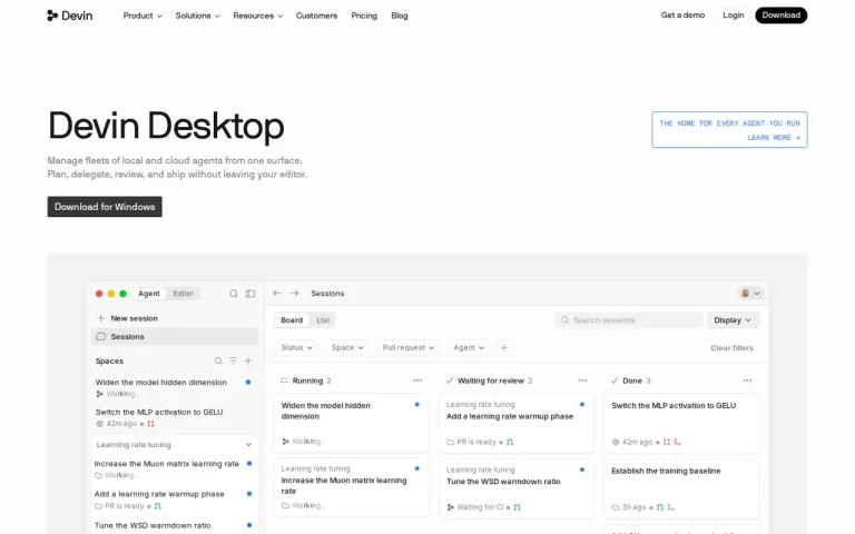Devin Desktop homepage screenshot showing the official landing page