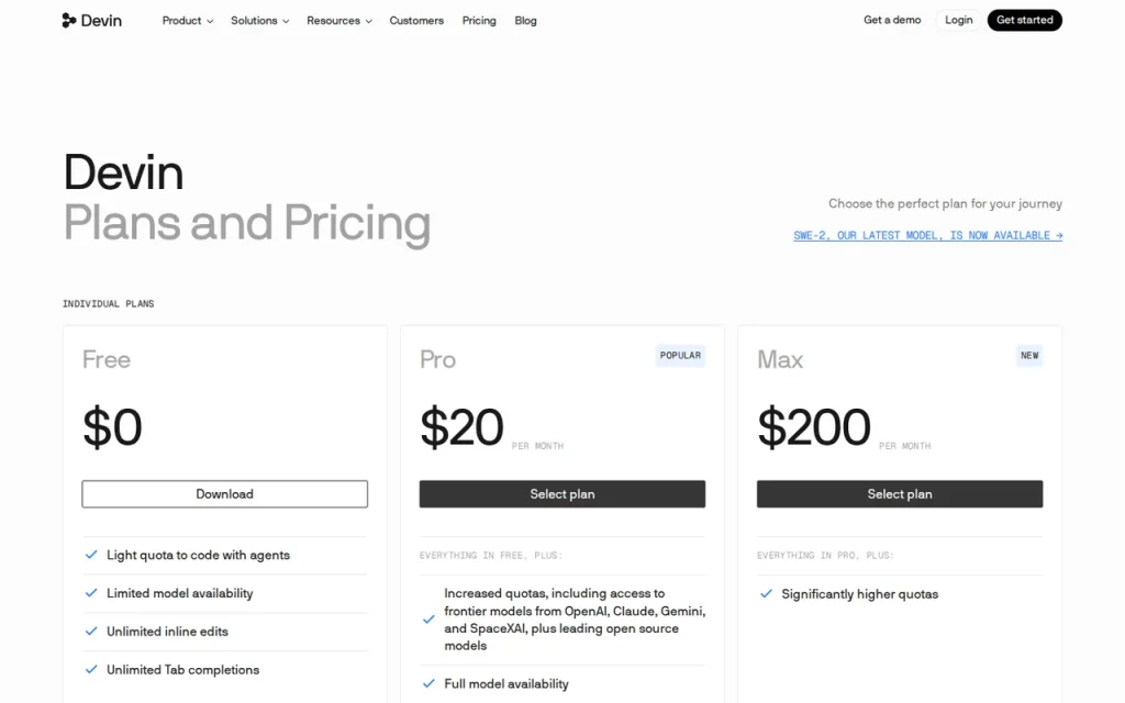 Devin Desktop official pricing page screenshot with plan names