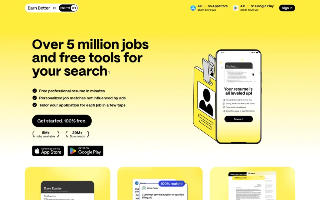 Earn Better by EarnIn homepage with the Get started 100% free button and app store download links