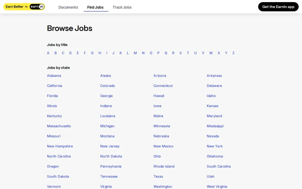EarnBetter Browse Jobs page listing jobs by title letter and by US state, with Documents, Find Jobs and Track Jobs tabs