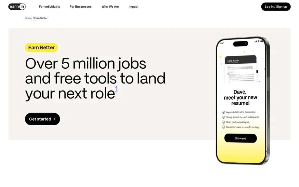EarnIn Earn Better product page header with a Get started button and a phone showing a rewritten resume