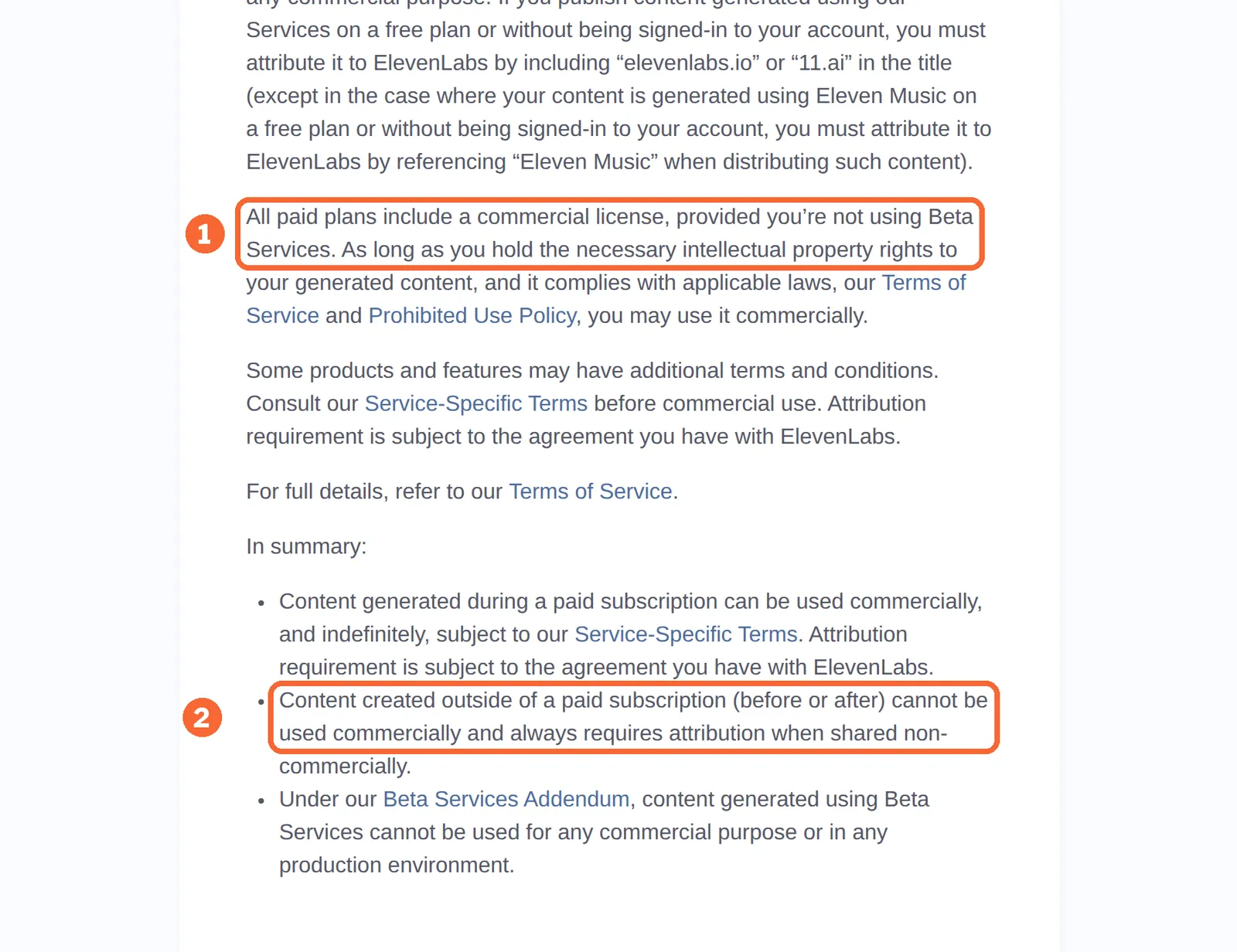 ElevenLabs help article with the paid-plan commercial license sentence and the rule for content made outside a paid subscription marked