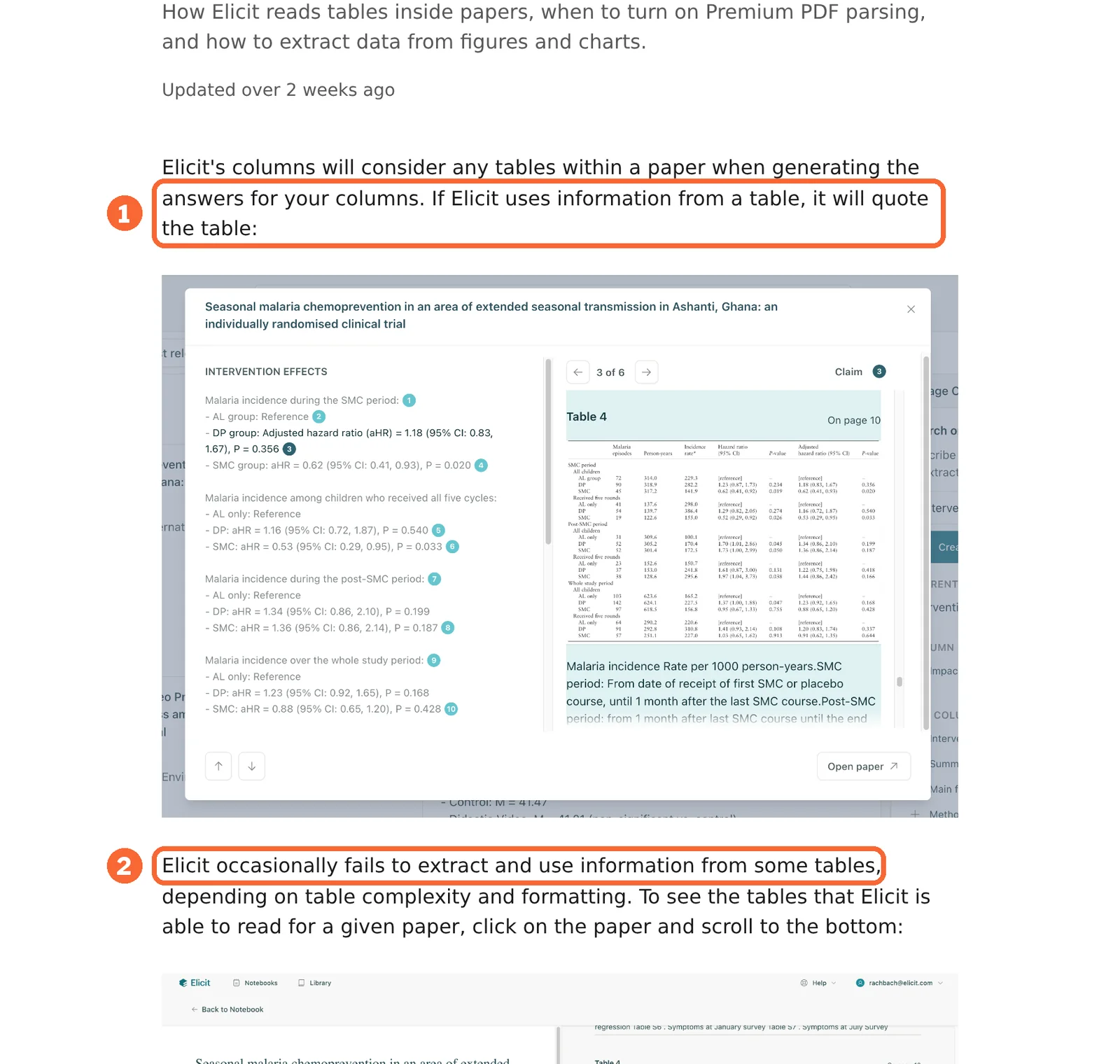 Elicit table extraction help article with the table quote sentence and the warning about tables it fails to read marked