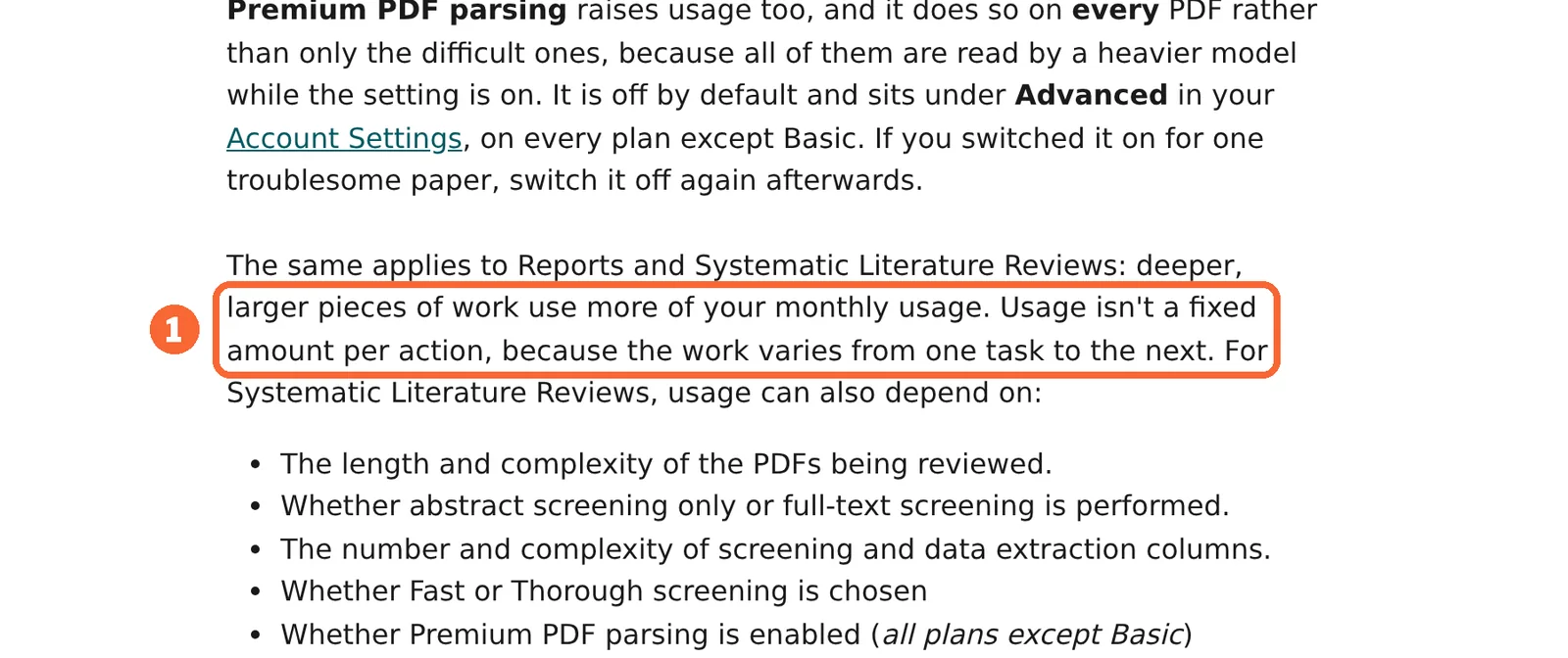 Elicit usage limits help article with the sentence saying usage is not a fixed amount per action marked