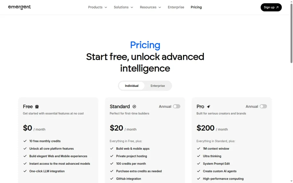 Emergent official pricing page screenshot with plan names