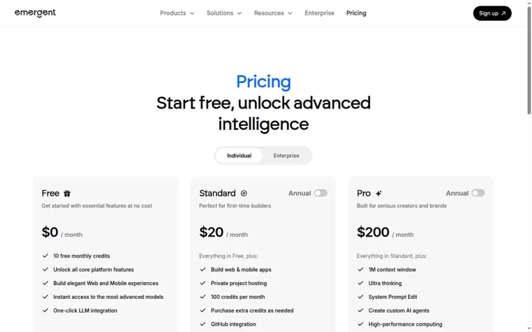 Emergent official pricing page screenshot with plan names