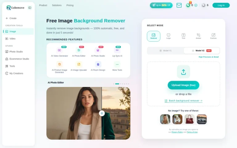EzRemove homepage screenshot showing the official landing page