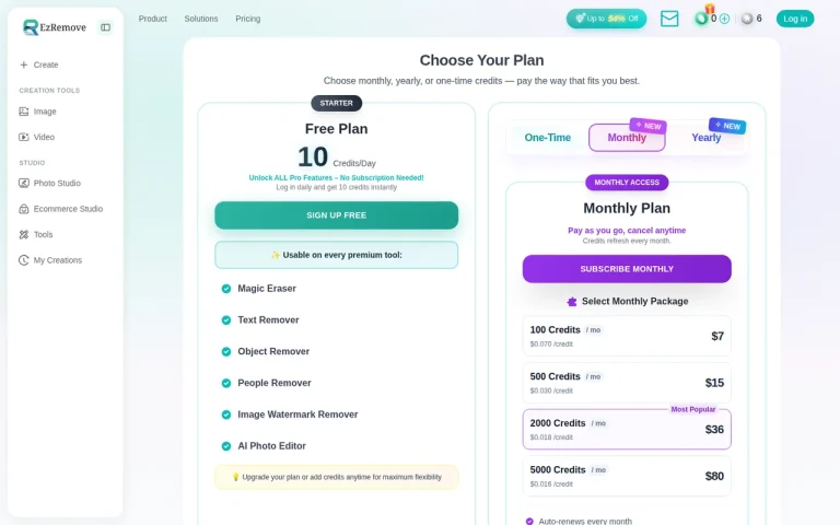 EzRemove official pricing page screenshot with plan names