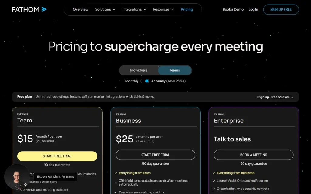 Fathom official pricing page screenshot with plan names