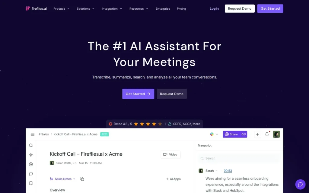 Fireflies.ai homepage screenshot showing the official landing page