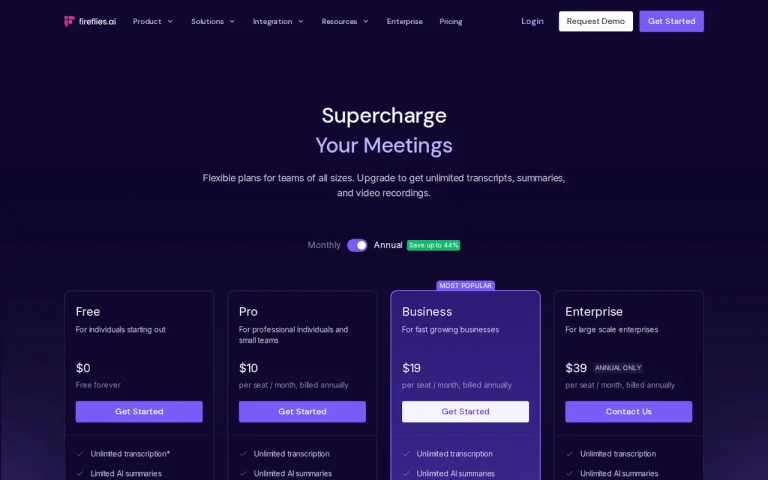 Fireflies.ai official pricing page screenshot with plan names