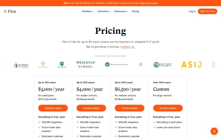 Flint official pricing page screenshot with plan names