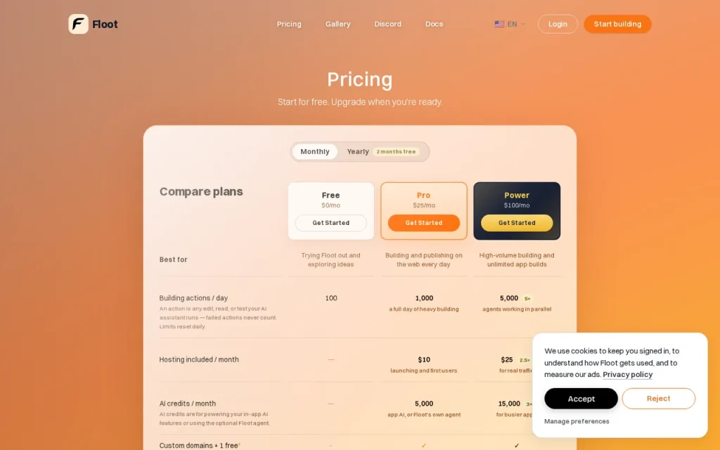 Floot official pricing page screenshot with plan names