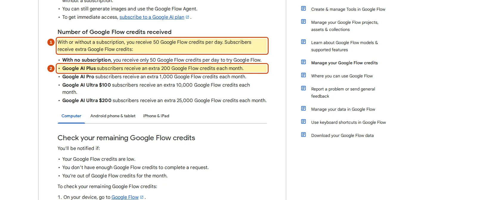 Google Flow Help credits page with the 50 daily credits for everyone and the extra monthly credits for subscribers marked