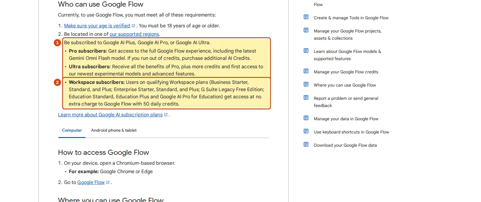 Google Flow Help get started page with the Google AI subscription requirement and the Workspace 50 daily credits line marked