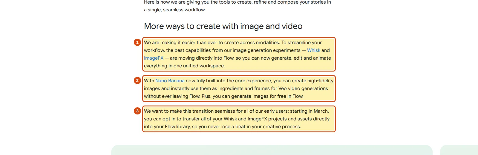 Google blog post on Flow with the sentences on Whisk and ImageFX moving into Flow, free image generation and the opt-in transfer marked